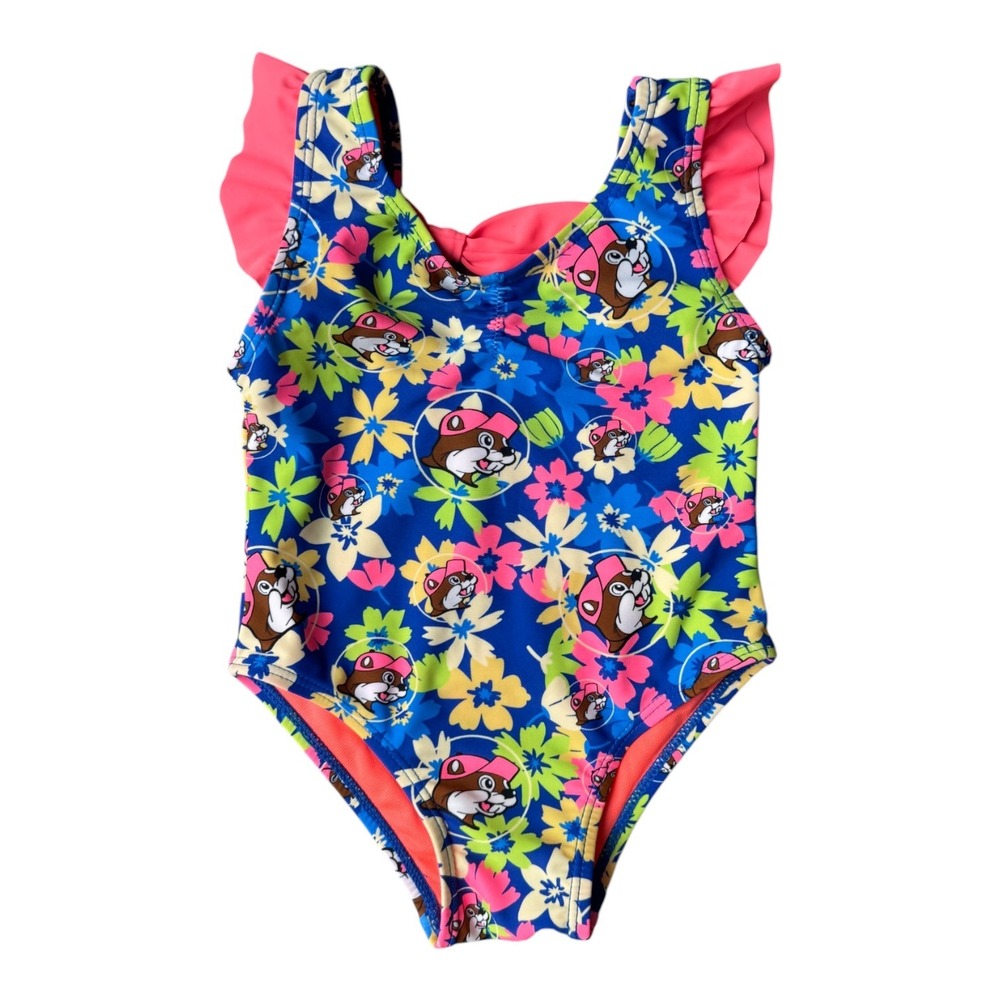 Buc-ee's Baby Girls Floral Beaver Print Ruffle One Piece Swimsuit 6-9M Blue Pink